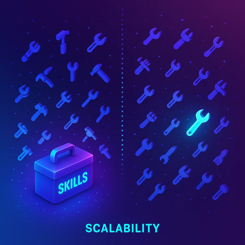 Visualization showing thousands of dormant tools with only one activated, representing zero context overhead