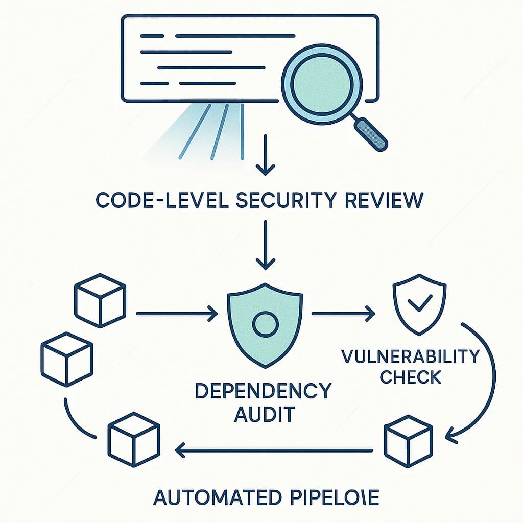 Two-layer security workflow showing code review and dependency audits